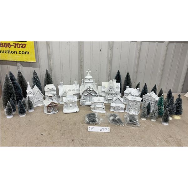 Miniature White Ceramic Christmas Village Houses with Bottle Brush Trees - Various Sizes