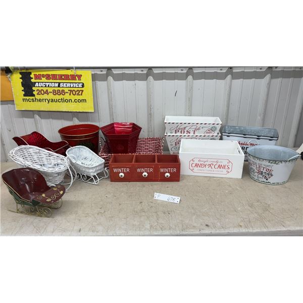 Christmas Decorative Containers Including Sleighs, Baskets, Boxes, and More