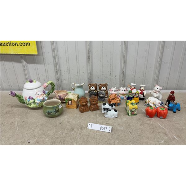 Easter Bunny and Tulip Ceramic Teapot, Salt and Pepper Shaker Sets