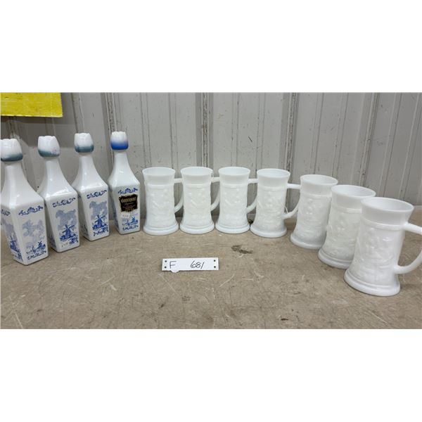 Vandermint Liqueur Delft-Style Ceramic Bottles and White Milk Glass Dutch Mugs