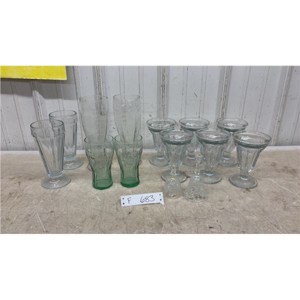 Coca-Cola Green Tumblers, Clear Sundae Dishes, Pilsner Glasses, Glass Bells, and More