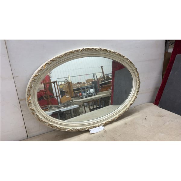 Oval Wall Mirror with Ornate Cream Frame and Gold Floral Accents, 33 x 21"