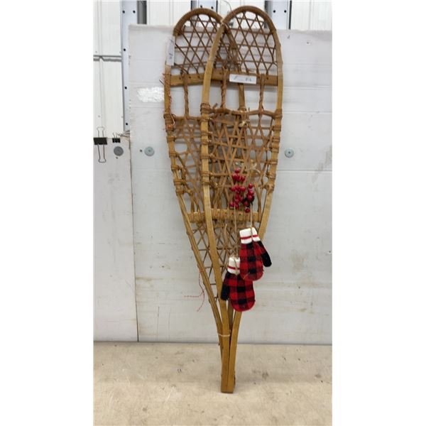 Vintage Wooden Snowshoes 48" with Rawhide Lacing, Decorated with Berries and Plaid Mittens