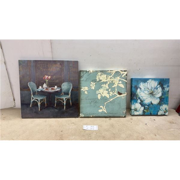 Set of Three Decorative Canvas Wall Art Pieces, Parisian Cafe and Floral Themes, Largest 18 x 18"