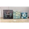 Image 1 : Set of Three Decorative Canvas Wall Art Pieces, Parisian Cafe and Floral Themes, Largest 18 x 18"