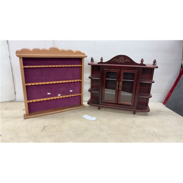 Wooden Spoon Display Rack with Purple Velvet Lining, 20 x 20" and Mahogany Curio Cabinet