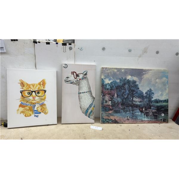 Decorative Canvas Art Including Cat, Camel, and The Hay Wain Print, Set of Three, Largest 22 x 28"