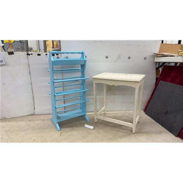 Painted Wooden Rack, 31 x 15 x 9" and Cream Painted Accent Table with Cane Top, 21 x 18 x 12"