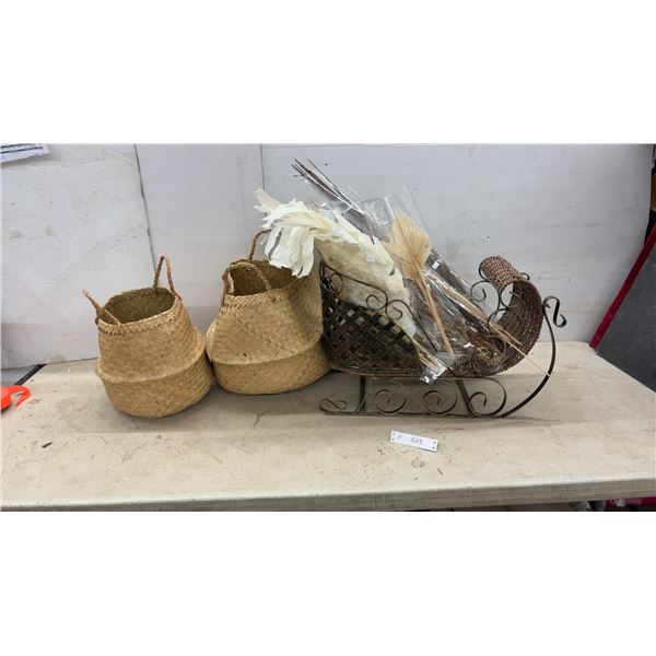 Seagrass Belly Baskets with Handles, Decorative Metal Sleigh, 15 x 23 x 10" and Dried Florals