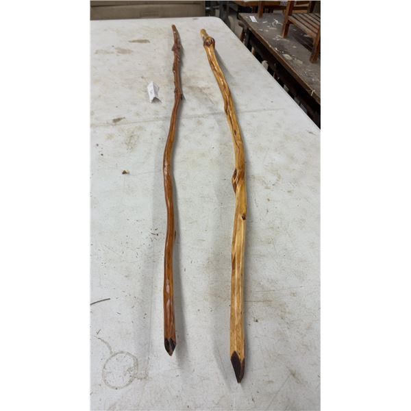 Pair of Handcrafted Wooden Walking Staffs with Natural Irregular Shapes and Polished Finish, 55"
