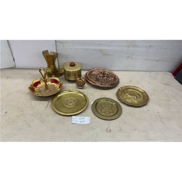 Brass Decorative Plates with Enameled Details, Boot Vase, Copper Plaque, and More