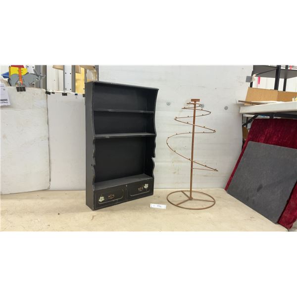 Black Wooden Wall Shelf with Drawers, 32 x 20 x 5" and Copper Metal Spiral 30" Display Stand