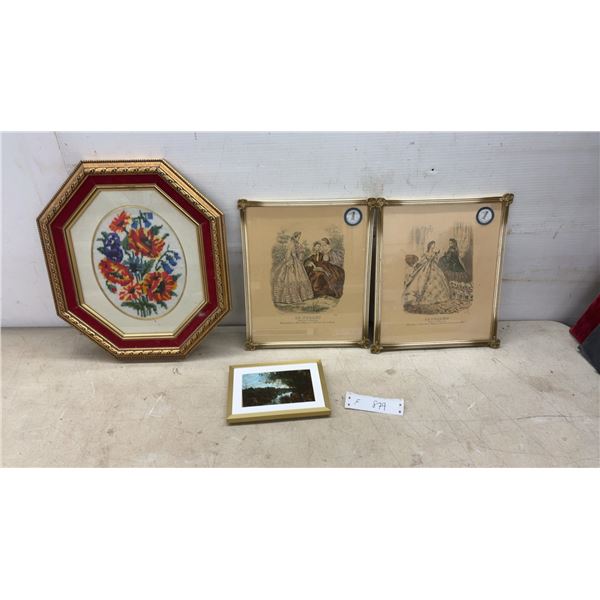 Framed Needlepoint Floral in Octagonal Frame, Le Follet Fashion Plates, and More