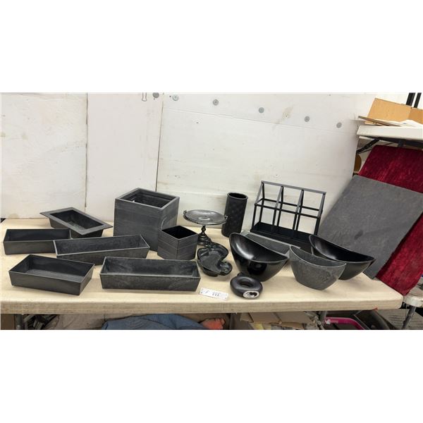 Collection of Black Metal and Ceramic Planters, Bowls, Vases, and Decorative Items