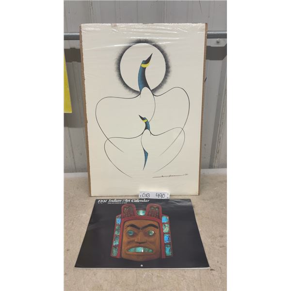 Leo Nielson 1989 Limited Edition Print, Two Geese - Write up of Photo on Back and 1991 Indian Art
