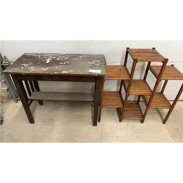 Vintage Dark Wood Utility Table with Drawer and Multi-Tiered Slatted Plant Stand