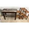 Image 1 : Vintage Dark Wood Utility Table with Drawer and Multi-Tiered Slatted Plant Stand