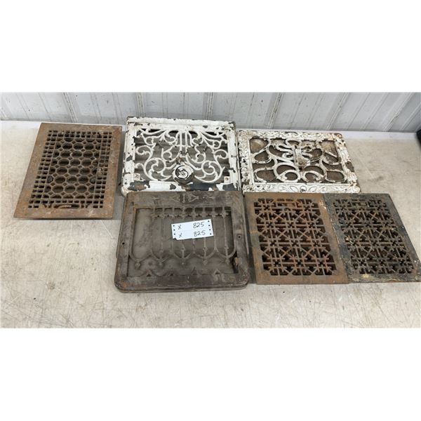 Antique Cast Iron Floor Registers and Grates with Decorative Patterns, 6 Pieces