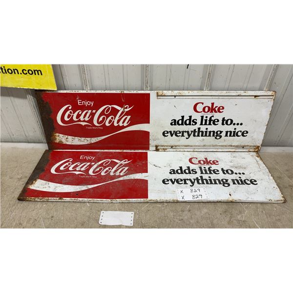 Two Vintage Coca-Cola Metal Advertising Signs, "Coke Adds Life to... Everything Nice" 36 x 10
