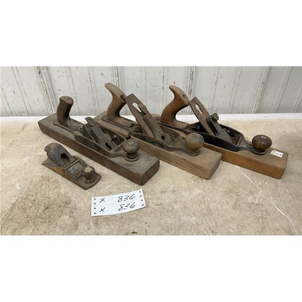 3 Vintage Wooden Hand Planes Including Union Manufacturing Co. and One Small Metal Plane