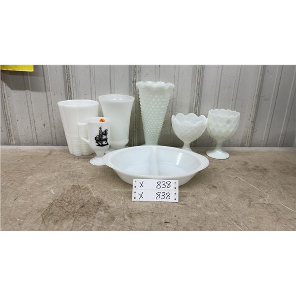 Milk Glass Collection Including GlasBake Divided Dish, Hobnail Vase, and More