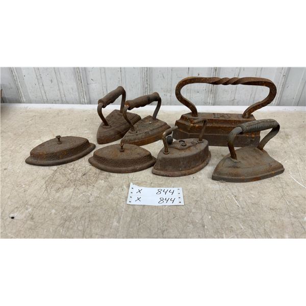 Collection of Antique Cast Iron Sad Irons Including 14 Pound Tailor's Goose and More