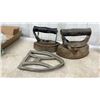 Image 7 : Collection of Antique Cast Iron Sad Irons, Taylor Forbes Bases, and Family Laundry Iron