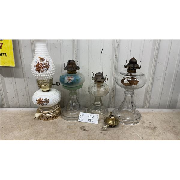Collection of Four Vintage Oil Lamps Including Milk Glass, Hand Painted and More