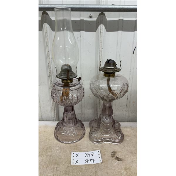 Two Antique Purple Pressed Glass Kerosene Lamps Turkey Foot and Bullseye Styles