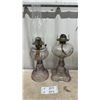 Image 1 : Two Antique Purple Pressed Glass Kerosene Lamps Turkey Foot and Bullseye Styles