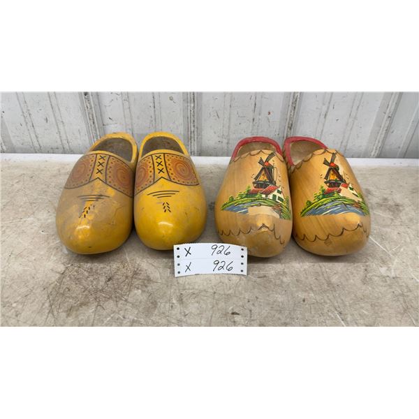 Two Pairs of Traditional Dutch Wooden Clogs with Hand-Painted Folk Art Designs