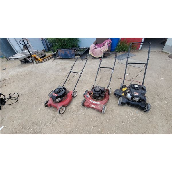 Lot of Three Gas Push Lawn Mowers: MTD 4 HP, Super-Cut, and Briggs & Stratton Engine Run
