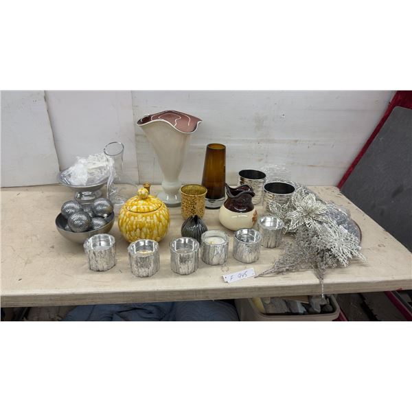 Decorative Lot with Yellow Drip Glaze Lidded Jar, Vases, Candle Holders, and More
