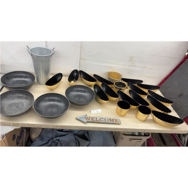 Decorative Metal Flower Bowls, Black and Gold Ribbed Planters, Galvanized Bucket, and More
