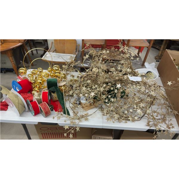 Assorted Christmas Decorations, Gold Star Garlands, Ribbons, Bells, Floral Picks, and More