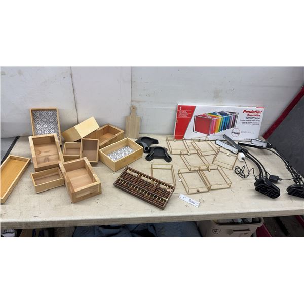 Assorted Wooden Storage Boxes, Decorative Trays, Abacus, Flexible Lights, Gold Wire Frames