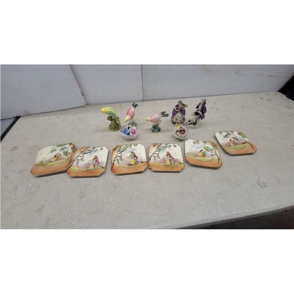Royal Albert Old Country Scenes Square Side Plates with Porcelain Bird Figurines and More