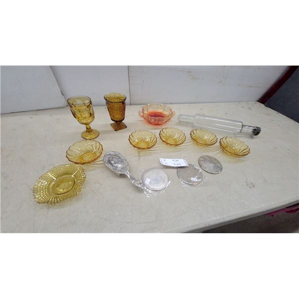 Amber Glass Hobnail Bowl, Swirl Dishes, Goblets, Silver-Plated Dresser Brush, and More