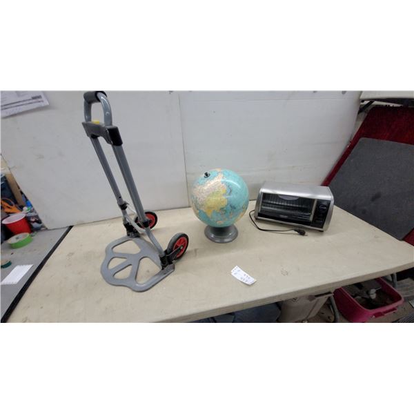 Cosco Folding Hand Truck with Red Wheels, Desk Globe, and Black+Decker Toaster