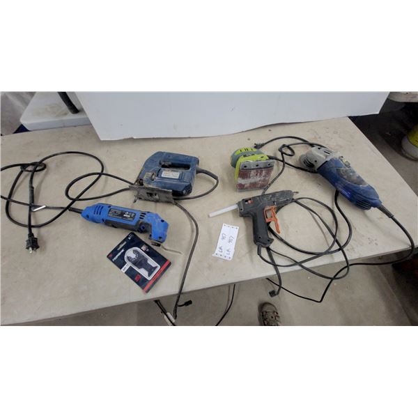 Ryobi JS500 Jigsaw, Powermax Angle Grinder, Rally Palm Sander, Glue Gun, Drill, and More