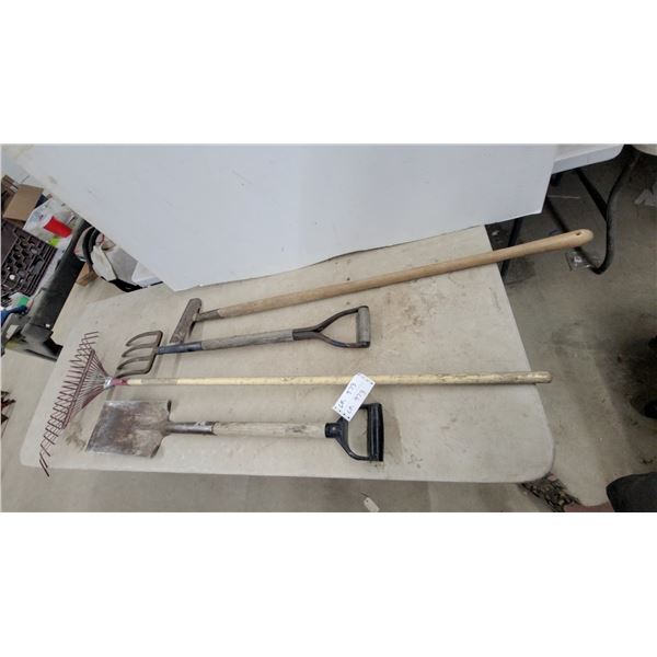 Lot of Four Garden Tools: D-Handle Spade, Leaf Rake, Digging Fork, and Grub Hoe