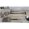 Image 3 : Lot of Four Garden Tools: D-Handle Spade, Leaf Rake, Digging Fork, and Grub Hoe