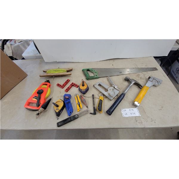 Trumark 30M Fiberglass Measuring Tape, Estwing Hammer, Irwin Chalk Line, Hand Saw, and More
