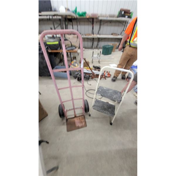 Steel Hand Truck with Pneumatic Tires and White Two-Step Folding Stool