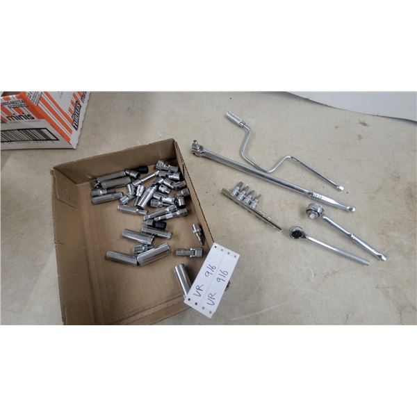 Assorted Chrome Sockets, Ratchet Wrenches, Breaker Bar, Speed Handle, and More 3/8"