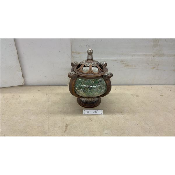 Ornate Bronze-Tone Pedestal Lidded Urn with Crackle Glass Bowl and Glass Pebbles, 13" Tall