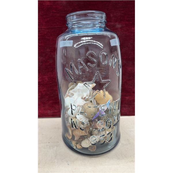 Mason's Patent Nov. 30th 1858 Blue Glass Star Canning Jar with Seashells, 18" Tall