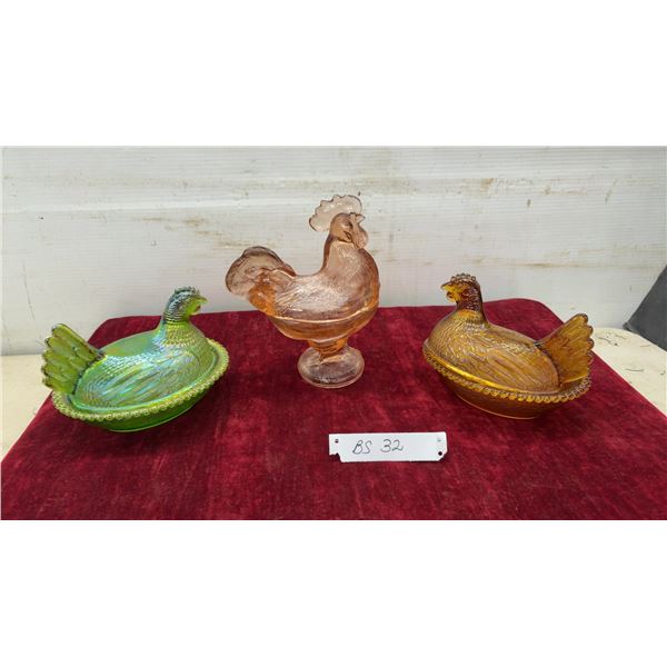 Three Art Glass Carnival Glass Hen on Nest Covered Dishes and Rooster