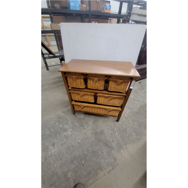 Wooden Storage Cabinet with Six Wicker Basket Drawers, Medium Brown Finish 33 x 32 x 16"