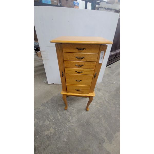 Standing Oak Jewelry Armoire with Five Drawers, Side Doors, and Queen Anne Legs 37 x 16 x 12"